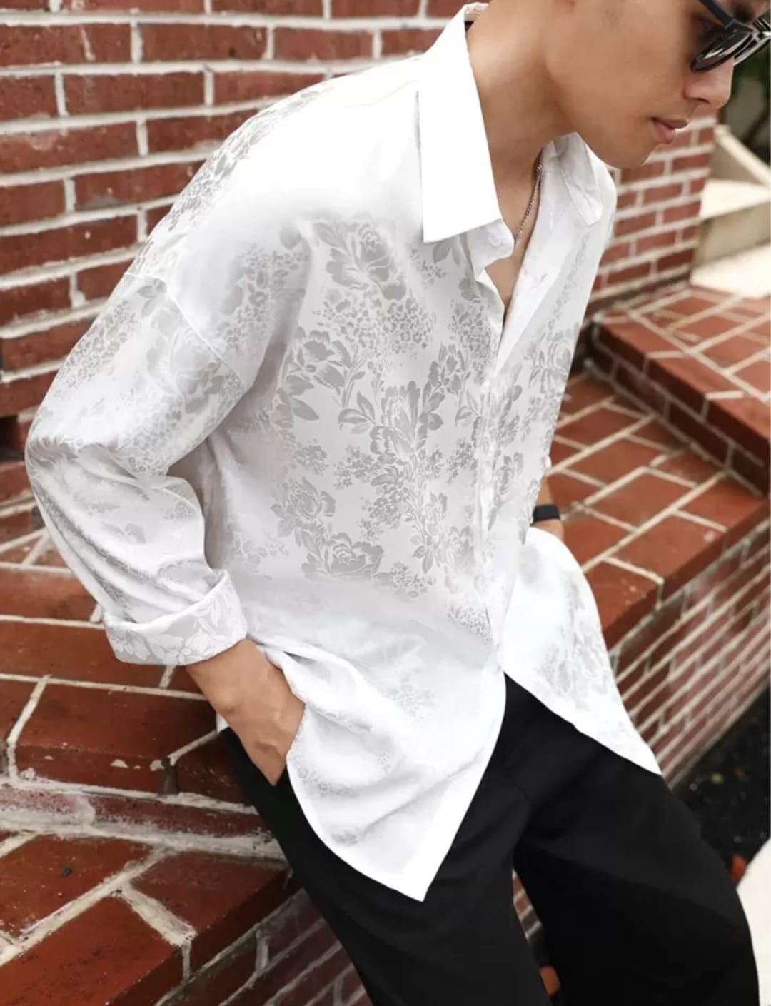 Men's White Floral Jacquard Satin Casual Shirt